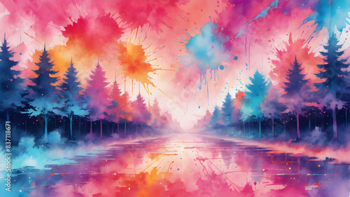 Abstract watercolor background with watercolor splashes. Contains pine trees.
