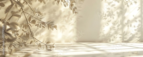 Soft, sunlit branches cast shadows on a white surface. photo