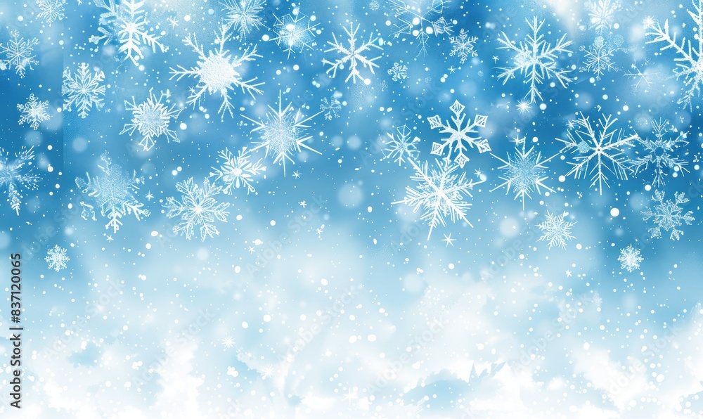 Blue and White Watercolor Snowflakes Falling on a Winter Sky Background