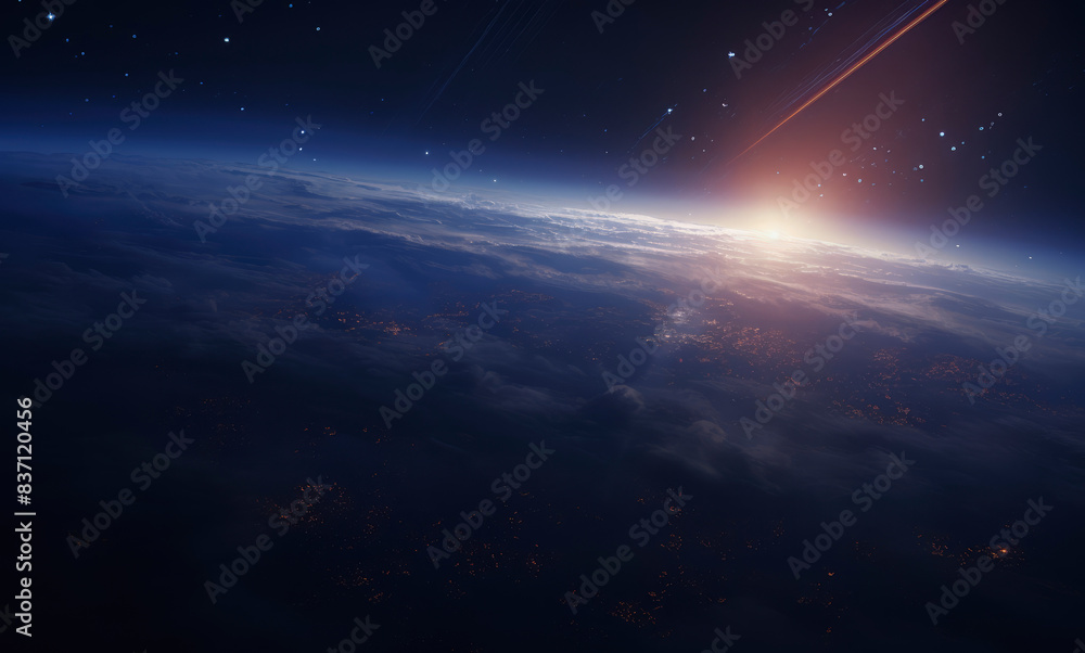 Fototapeta premium Sunrise over Earth Horizon with Glowing Atmosphere and Meteor in Outer Space