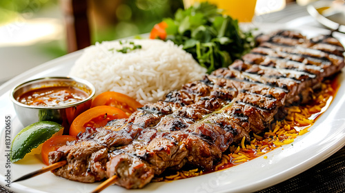 Chelo Kabab is a classic Iranian dish consisting of grilled meat, usually lamb or chicken, served with steamed saffron-infused rice, butter, sumac powder, basil, onions and grilled tomatoes. photo