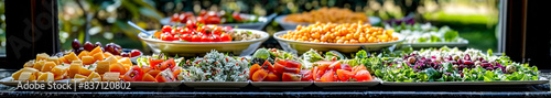Panoramic shot of a buffet with an assortment of dishes including several salads  vegetables and cheese. Healthy eating concept
