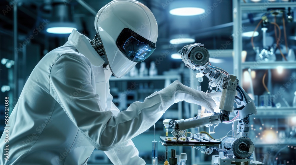 Scientist Testing Advanced Robot - A cyberpunk scientist performs tests on a high-tech robot in a futuristic lab, showcasing the synergy of technology and innovation. Scientist Testing Advanced Robot - A cyberpunk scientist performs tests on a high-tech robot in a futuristic lab, showcasing the synergy of technology and innovation.