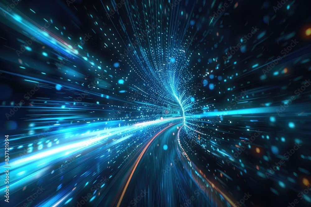 Glowing Blue Binary Code Streams Across Abstract Dark Background Glowing Blue Binary Code Streams Across Abstract Dark Background