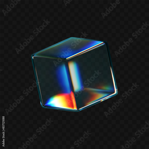 3d crystal glass cube with refraction and holographic effect isolated on dark background. Render transparent glass rotate figure with overlay dispersion light, rainbow gradient. 3d vector morphism
