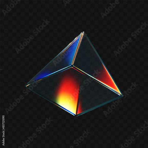 3d crystal glass pyramid with refraction and holographic effect isolated on dark background. Render transparent glass rotate figure with overlay dispersion light, rainbow gradient. 3d vector morphism