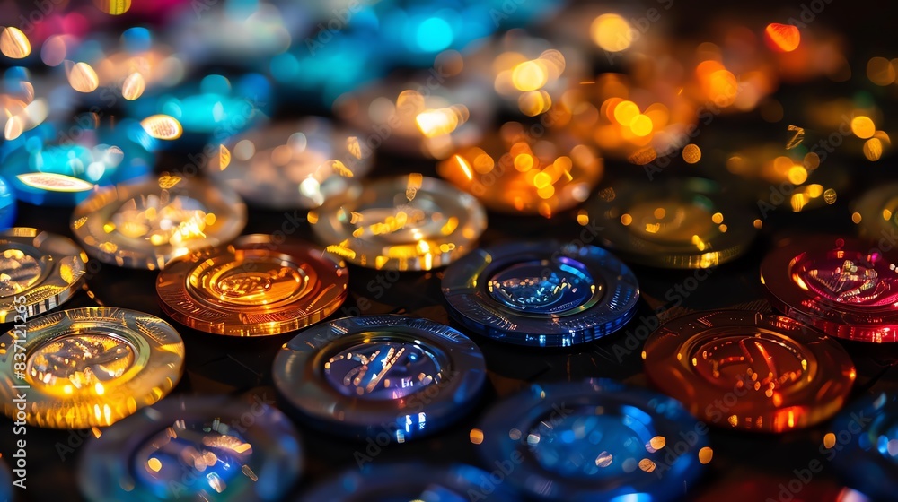 A closeup of baccarat chips in various denominations A closeup of baccarat chips in various denominations