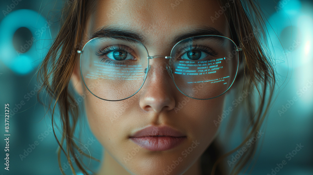 Close-up portrait of a woman programmer analyst wearing glasses. Close-up portrait of a woman programmer analyst wearing glasses.