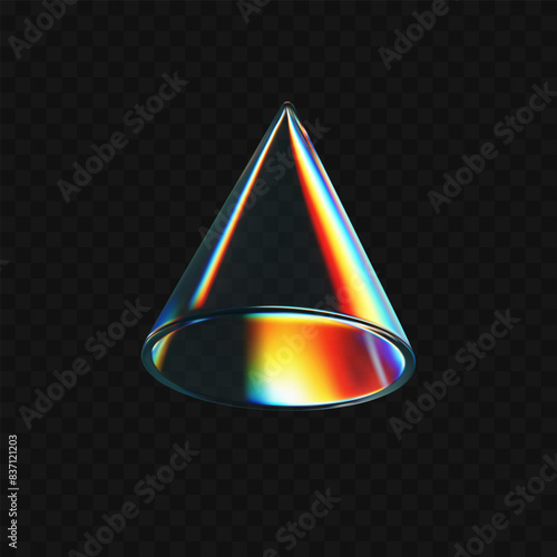 3d crystal glass cone with refraction and holographic effect isolated on dark background. Render transparent glass rotate figure with overlay dispersion light, rainbow gradient. 3d vector morphism
