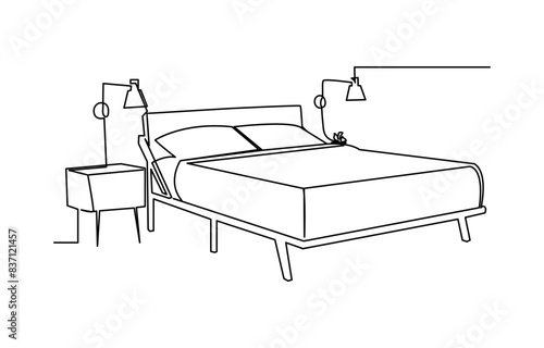 Continuous one line sleeping bed line art drawing 