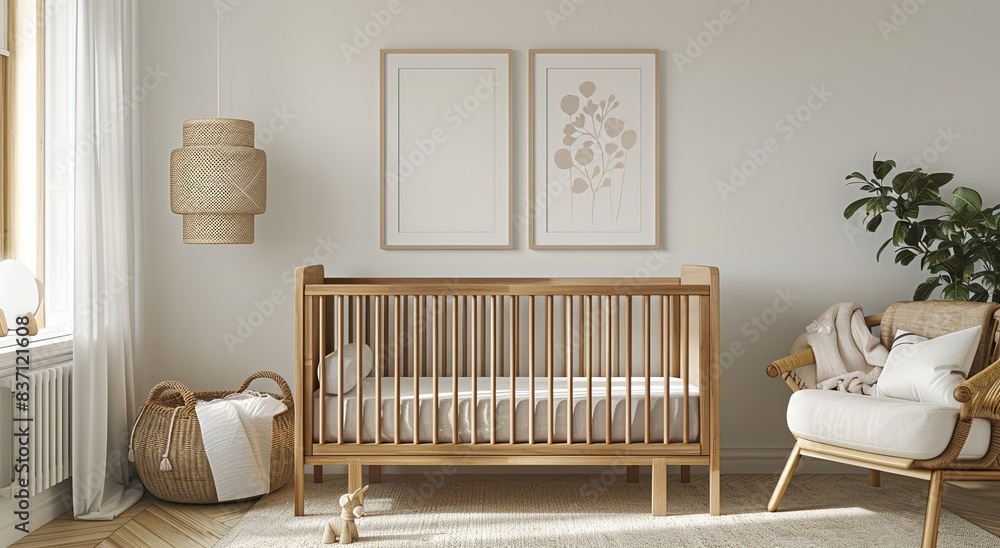 Baby's room with Wooden Furniture in Pastel Color Palette, Scandinavian Style, Neutral Decor, Wall Art, Soft Lighting, Baby Crib and Chair, Featuring Two White Posters on Walls above Bed with Differe Baby's room with Wooden Furniture in Pastel Color Palette, Scandinavian Style, Neutral Decor, Wall Art, Soft Lighting, Baby Crib and Chair, Featuring Two White Posters on Walls above Bed with Differe