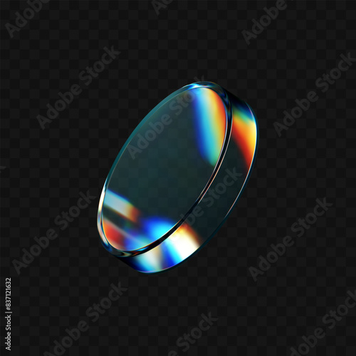 3d crystal glass disk with refraction and holographic effect isolated on dark background. Render transparent glass rotate figure with overlay dispersion light, rainbow gradient. 3d vector morphism