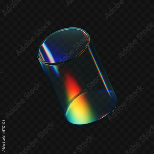 3d crystal glass cylinder with refraction and holographic effect isolated on dark background. Render transparent glass rotate figure with overlay dispersion light, rainbow gradient. 3d vector morphism