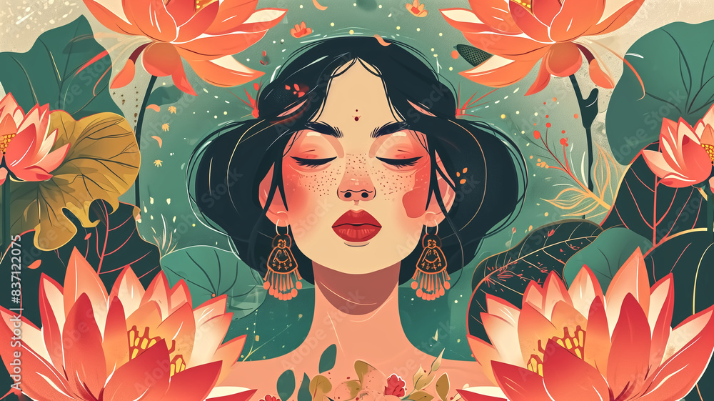Woman with closed eyes surrounded by lotus flowers and leaves. Digital illustration in vibrant colors. Nature and tranquility concept. Woman with closed eyes surrounded by lotus flowers and leaves. Digital illustration in vibrant colors. Nature and tranquility concept.