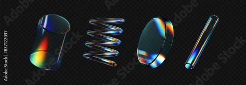3d crystal glass shapes with refraction and holographic effect isolated on dark background. Render transparent glass rotate figure with overlay dispersion light, rainbow gradient. 3d vector morphism