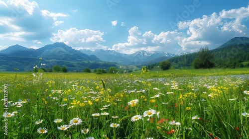 Sunny day idyllic mountain landscape, green meadows, and blooming wildflowers in rural nature view