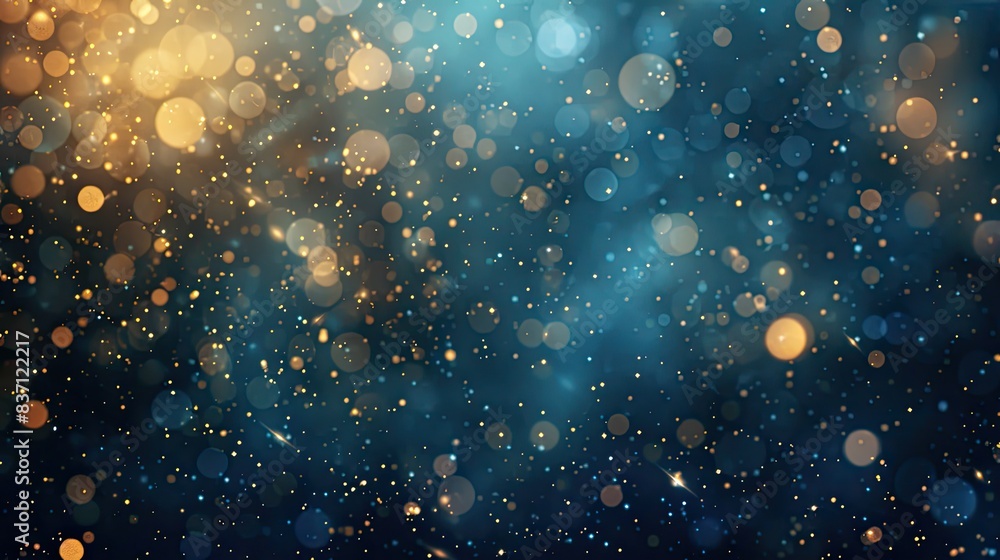 Abstract Blue and Gold Bokeh Background with Glowing Particles, Stars, and Dust on Dark Night Sky, Luxury New Year or Christmas Celebration Banner Abstract Blue and Gold Bokeh Background with Glowing Particles, Stars, and Dust on Dark Night Sky, Luxury New Year or Christmas Celebration Banner