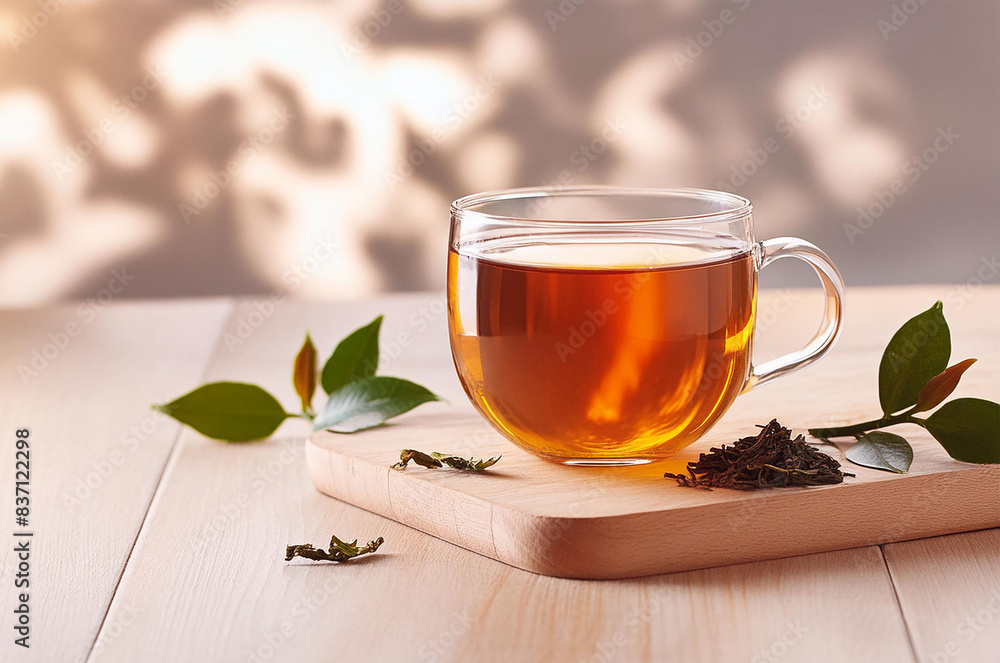 clear glass cup of mint tea with dry leaves on wood cutting board and copy space clear glass cup of mint tea with dry leaves on wood cutting board and copy space