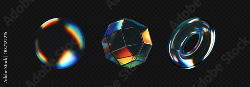 3d crystal glass shapes with refraction and holographic effect isolated on dark background. Render transparent glass rotate figure with overlay dispersion light, rainbow gradient. 3d vector morphism