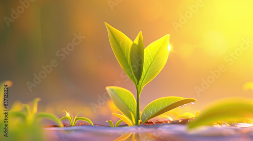 A close-up shot of a young plant with green leaves growing in the morning sunlight. The background is a soft, golden blur
