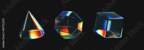 3d crystal glass shapes with refraction and holographic effect isolated on dark background. Render transparent glass rotate figure with overlay dispersion light, rainbow gradient. 3d vector morphism
