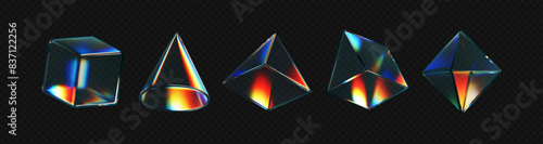3d crystal glass shapes with refraction and holographic effect isolated on dark background. Render transparent glass rotate figure with overlay dispersion light, rainbow gradient. 3d vector morphism