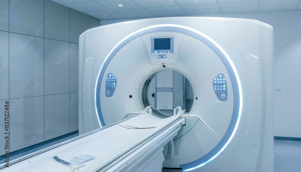 Mri or ct scan machine in hospital lab, white background, medical diagnosis equipment Mri or ct scan machine in hospital lab, white background, medical diagnosis equipment