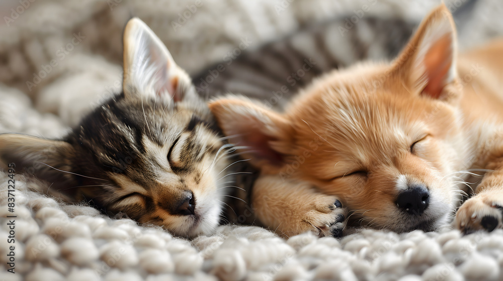 Cat and dog sleeping. Puppy and kitten sleep Cat and dog sleeping. Puppy and kitten sleep