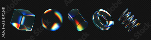 3d crystal glass shapes with refraction and holographic effect isolated on dark background. Render transparent glass rotate figure with overlay dispersion light, rainbow gradient. 3d vector morphism