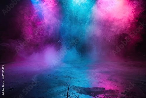 Abstract Dark Background with Concrete Floor, Colorful Spotlights, and Smoke, Night Scene of Empty Room or Stage for Product Presentation with Dark Neon Lights in Black, Purple, Blue, and Pink Colors © DreamStock
