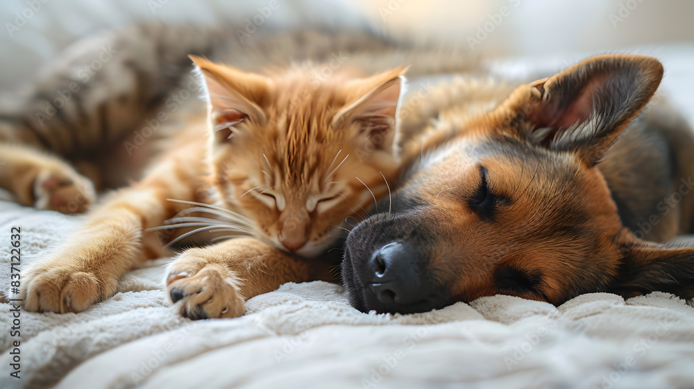 Cat and dog sleeping. Puppy and kitten sleep Cat and dog sleeping. Puppy and kitten sleep