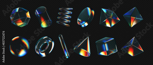 3d crystal glass shapes with refraction and holographic effect isolated on dark background. Render transparent glass rotate figure with overlay dispersion light, rainbow gradient. 3d vector morphism