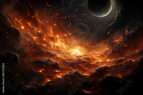 Fiery Cosmic Clouds with Dark Planets in a Dramatic Space Scene