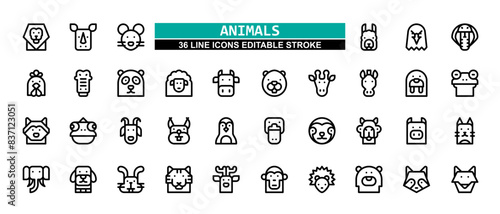 36 Animal Line Icons Set Pack Editable Stroke Vector Illustration.
