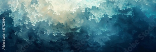 Abstract background with turbulent ocean waves with a blend of light and dark blue hues creating a dynamic and ethereal underwater atmosphere photo