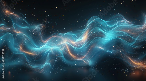 Vector abstract light lines wavy flowing dynamic in blue green colors isolated on black background for concept of AI technology, digital, communication, 5G, science, music