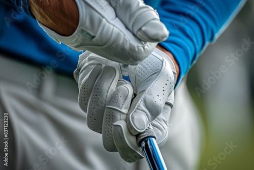 Close-up of golfers hands in precision grip before swing at summer olympic games