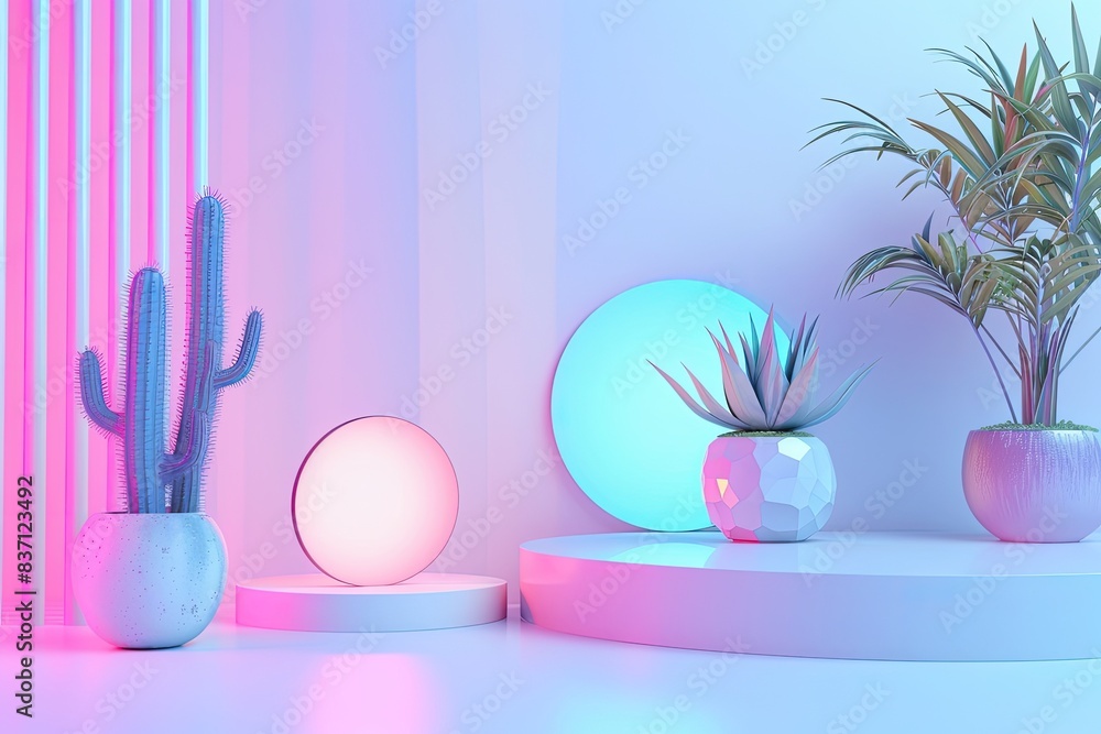 Pastel Background with Empty Space for Product Display, Featuring Cactus and Tropical Plant, Futuristic Showcase in Empty Room Interior Design Pastel Background with Empty Space for Product Display, Featuring Cactus and Tropical Plant, Futuristic Showcase in Empty Room Interior Design