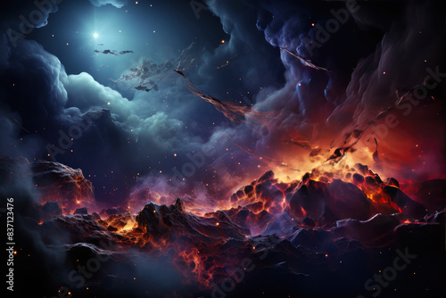 Dramatic Cosmic Landscape Scene With Nebula