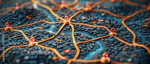 the golden threads of travel and connectivity weave through the urban fabric marked by red pins on a detailed city map photo