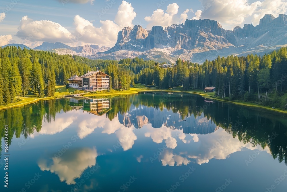 Naklejka premium Aerial view of lago antorno, dolomites, italy with alps peak and famous tre cime di lavaredo