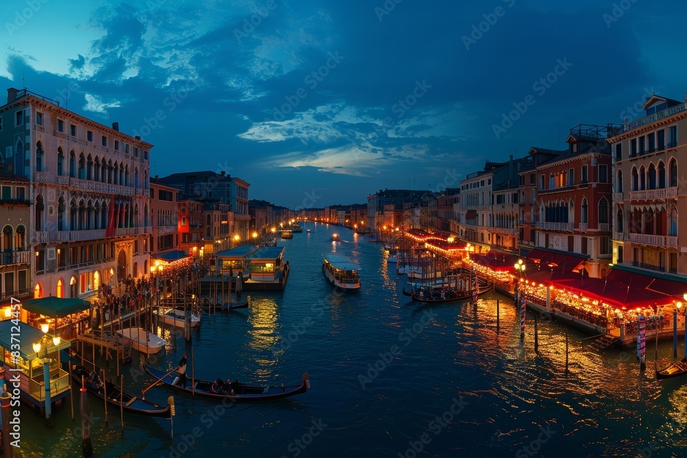 Obraz premium Panoramic venice night cityscape - grand canal view, romantic water trip in italy