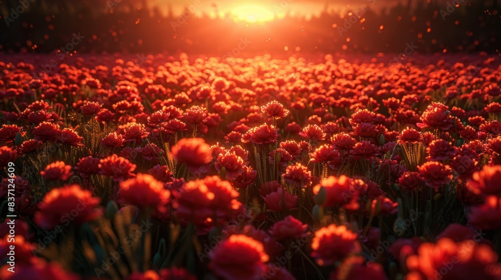 Obraz premium Vibrant Red Poppies at Sunset - A breathtaking view of a field of red poppies glowing in the warm light of sunset, evoking a sense of tranquility and natural beauty.