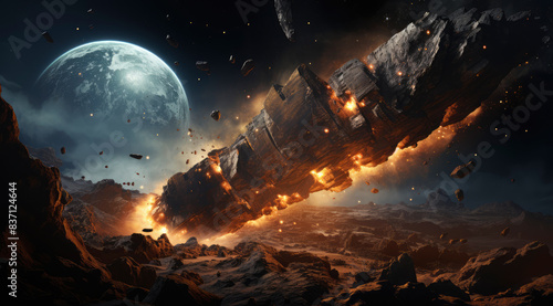 Fantasy Scene of Cataclysmic Meteor Impact on Alien Planet with Fiery Explosion and Debris, Apocalyptic Sci-Fi Space Catastrophe