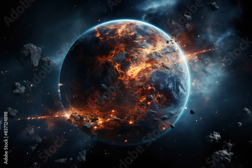 Fiery Planetary Explosion in Space with Debris and Glowing Fractures: Apocalyptic Sci-Fi Cosmic Catastrophe Scene