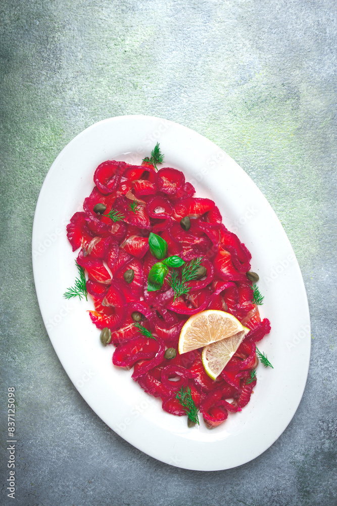 Salmon gravlax with beetroot, Scandinavian snack, beet gravlax, lightly salted fish, homemade, no people, Salmon gravlax with beetroot, Scandinavian snack, beet gravlax, lightly salted fish, homemade, no people,