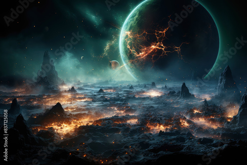 Lava landscape in the shape of a ring, glowing hot with fire, large planet in the background with a small moon photo