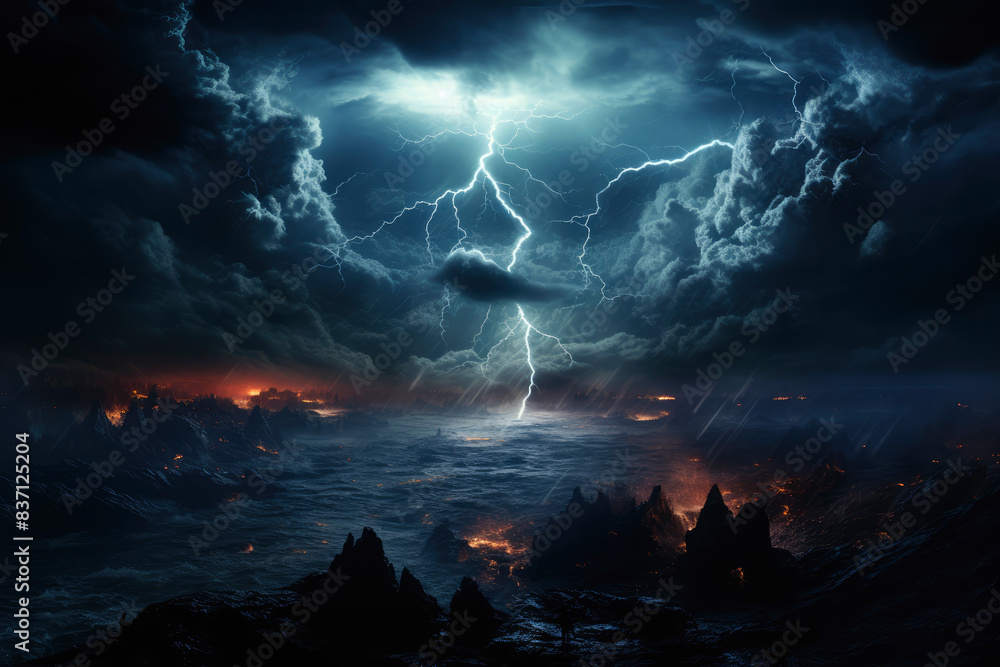 Lightning with clouds in a planet landscape with desert and fire Lightning with clouds in a planet landscape with desert and fire