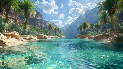 A serene nature oasis in the middle of a desert, surrounded by palm trees and clear blue water photo