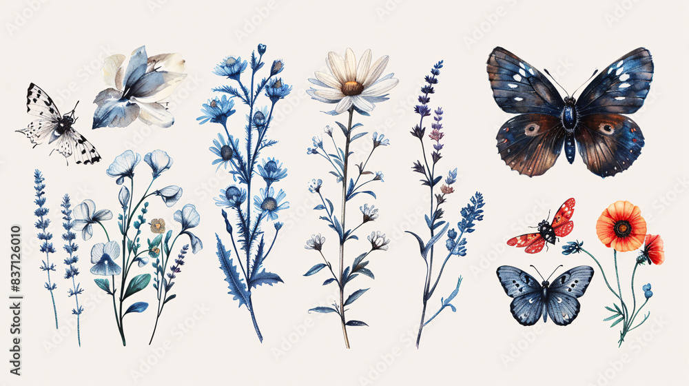 Hand-drawn vector illustrations of flowers and leaves for greeting cards Hand-drawn vector illustrations of flowers and leaves for greeting cards